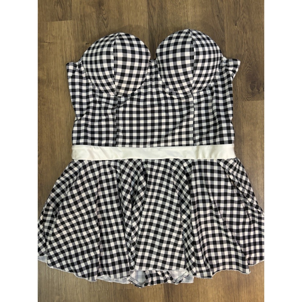 BETTIE PAGE Coral & Jade Black Gingham Skirt One Piece Swimsuit 16 Pin Up